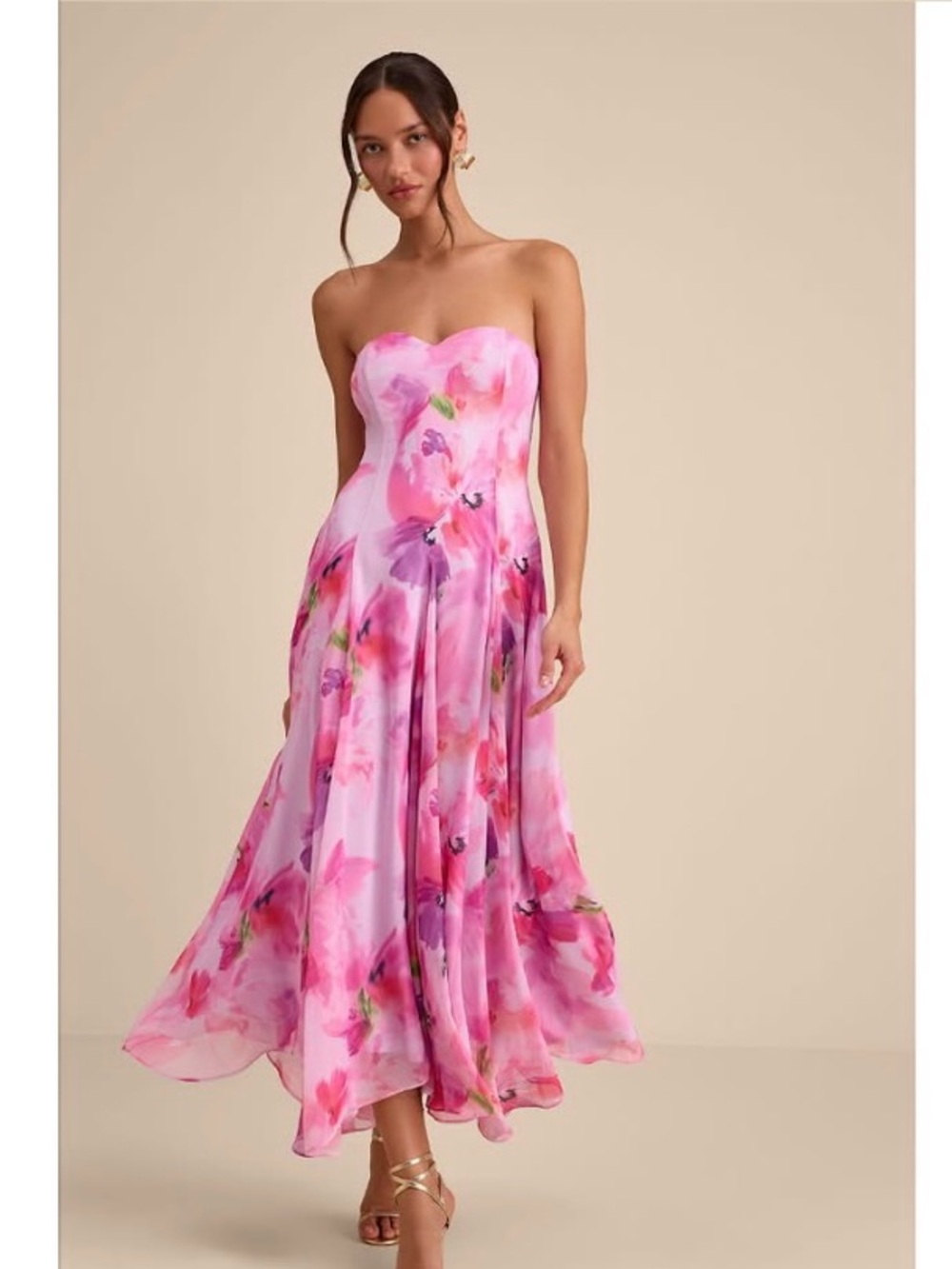 Strapless Pink Floral A-Line Dress